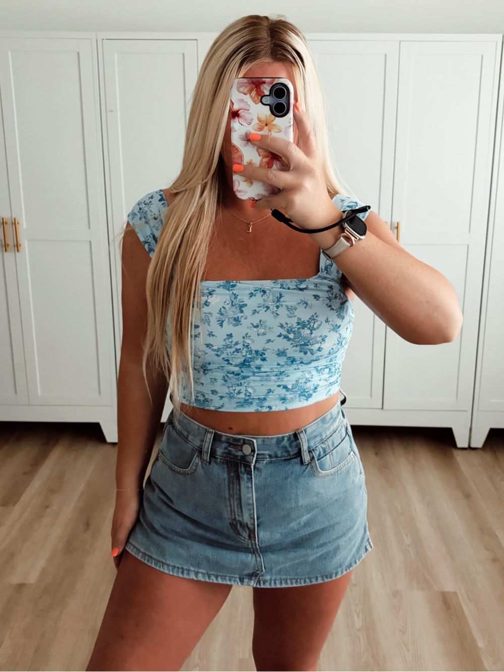 Blue floral princess crop tank top